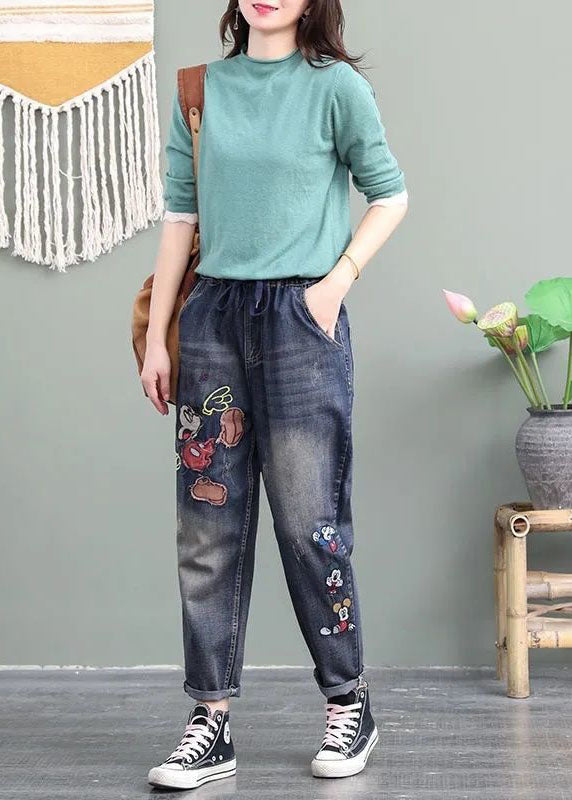 Unique Blue Cartoon Embroideried Pockets Patchwork Denim Pants Spring