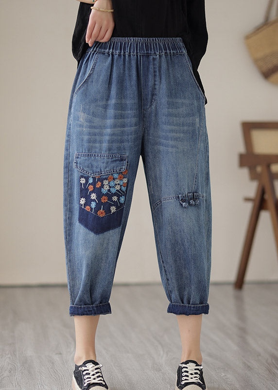 Unique Blue Elastic Waist Embroideried Patchwork Crop Pants Summer