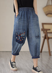 Unique Blue Elastic Waist Embroideried Patchwork Crop Pants Summer