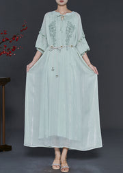 Unique Blue Embroidered Tie Waist Chiffon Holiday Dress Spring