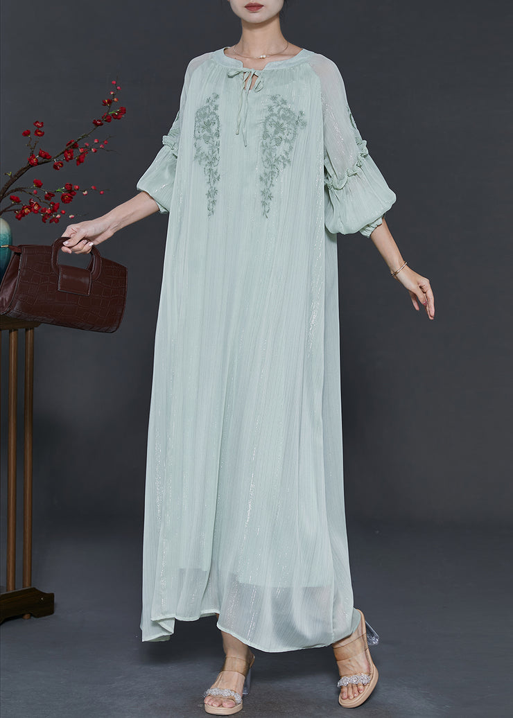 Unique Blue Embroidered Tie Waist Chiffon Holiday Dress Spring