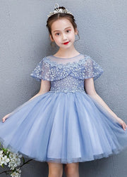 Unique Blue Embroideried Patchwork Tulle Kids Long Vacation Dresses Summer