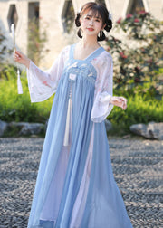 Unique Blue Embroideried Tasseled Wrinkled Patchwork Chiffon Long Dress Fall