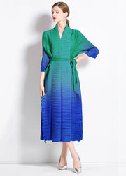 Unique Blue Gradient Ruffled Tie Waist Patchwork Chiffon Long Dress Summer