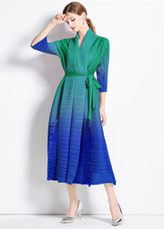 Unique Blue Gradient Ruffled Tie Waist Patchwork Chiffon Long Dress Summer