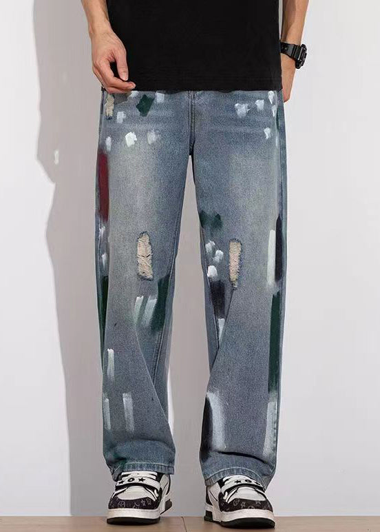 Unique Blue Graffiti Hole Denim Pants Men Summer