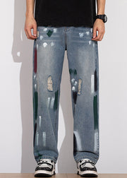 Unique Blue Graffiti Hole Denim Pants Men Summer