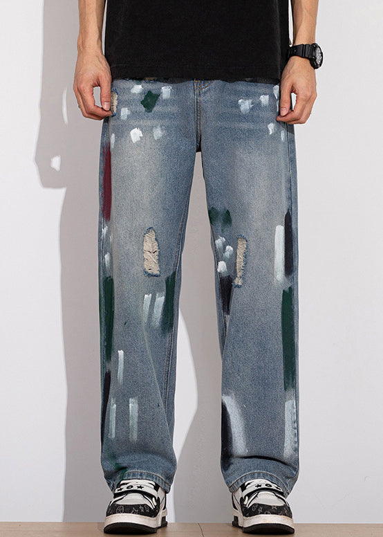 Unique Blue Graffiti Hole Denim Pants Men Summer