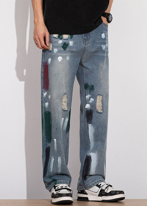 Unique Blue Graffiti Hole Denim Pants Men Summer