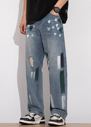 Unique Blue Graffiti Hole Denim Pants Men Summer