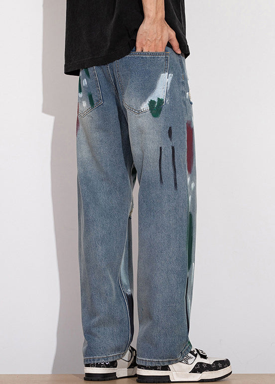 Unique Blue Graffiti Hole Denim Pants Men Summer