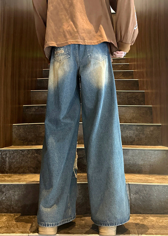 Unique Blue Hole Pockets Denim Mens Wide Leg Pants Fall