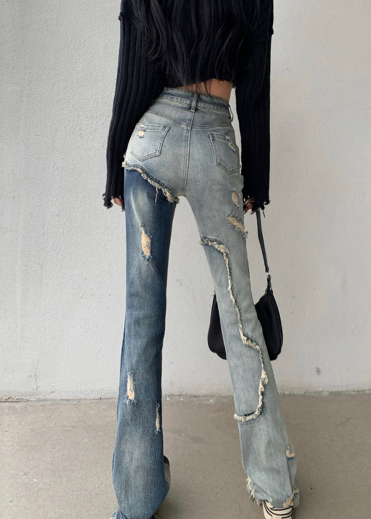 Unique Blue Hole Pockets High Waist Denim Pants Spring