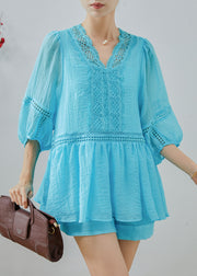 Unique Blue Hollow Out Patchwork Lace Cotton Two Pieces Set Summer