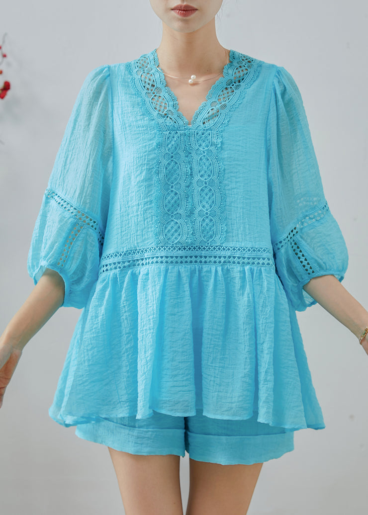 Unique Blue Hollow Out Patchwork Lace Cotton Two Pieces Set Summer