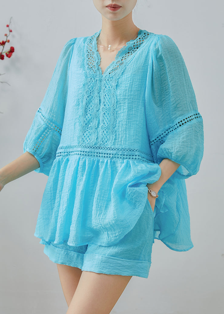 Unique Blue Hollow Out Patchwork Lace Cotton Two Pieces Set Summer