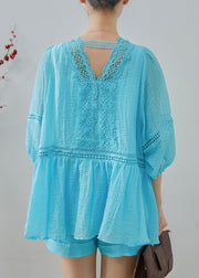 Unique Blue Hollow Out Patchwork Lace Cotton Two Pieces Set Summer