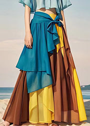 Unique Blue Lace Up High Waist Patchwork Chiffon Skirt Summer