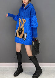 Unique Blue Little Bear Patchwork Drawstring Hooded Knit Parka Winter