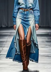 Unique Blue Low High Design High Waist Denim Skirt Summer