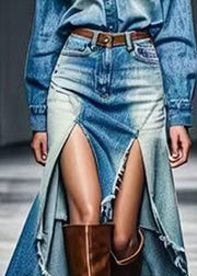 Unique Blue Low High Design High Waist Denim Skirt Summer