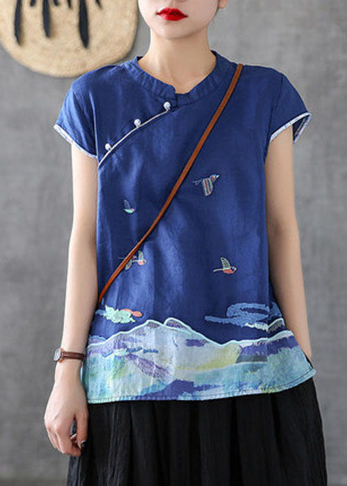 Unique Blue Mandarin Collar Embroidered Cotton Tank Tops Short Sleeve