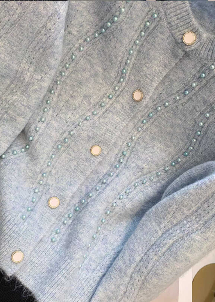 Unique Blue Nail Bead Cotton Knit Cardigans Spring