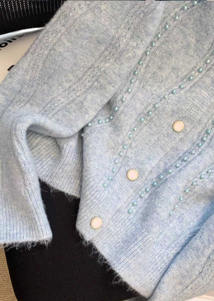 Unique Blue Nail Bead Cotton Knit Cardigans Spring