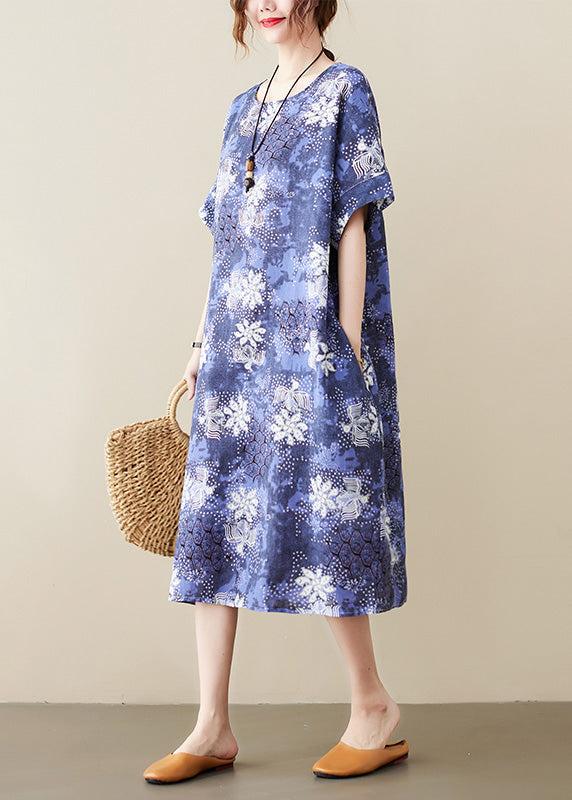 Unique Blue O-Neck Print Long Dresses Short Sleeve