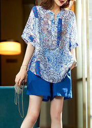 Unique Blue O Neck Print Patchwork Chiffon Shirts Summer