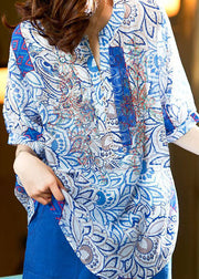 Unique Blue O Neck Print Patchwork Chiffon Shirts Summer