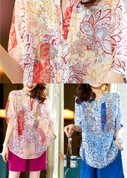 Unique Blue O Neck Print Patchwork Chiffon Shirts Summer