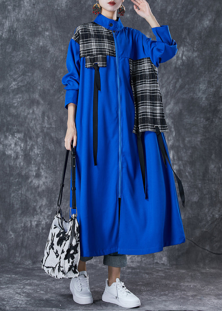 Unique Blue Oversized Patchwork Applique Cotton Trench Coat Fall