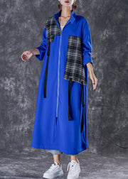 Unique Blue Oversized Patchwork Applique Cotton Trench Coat Fall