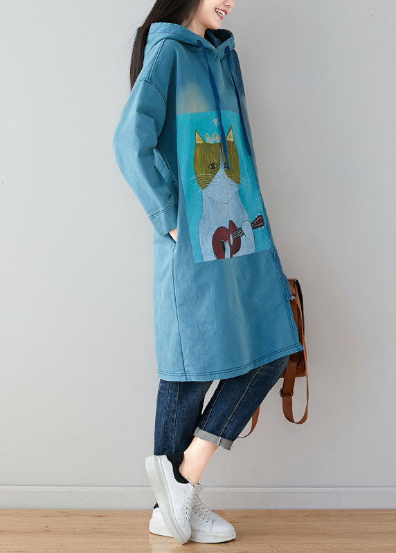 Unique Blue Oversized Patchwork Cotton Sweatshirts Dress Spring