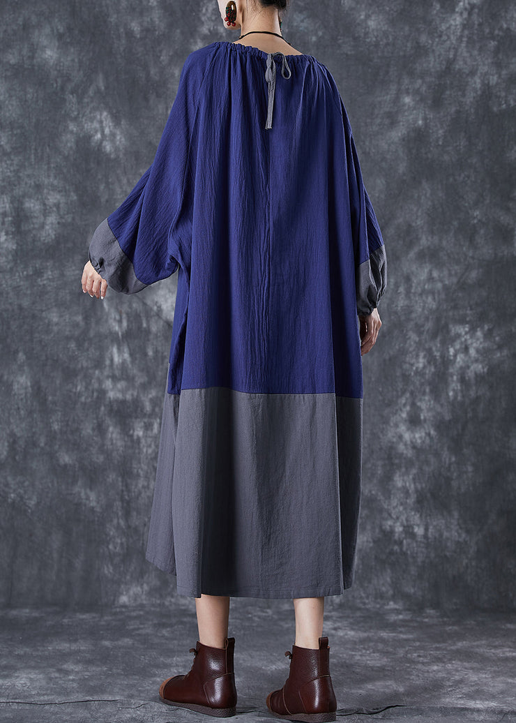 Unique Blue Oversized Patchwork Linen Dress Lantern Sleeve