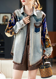 Unique Blue Oversized Patchwork Print Denim Coats Spring