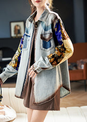 Unique Blue Oversized Patchwork Print Denim Coats Spring