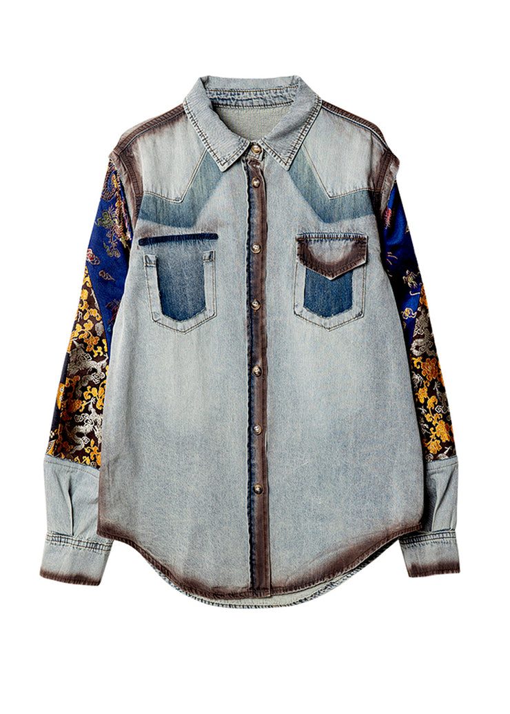 Unique Blue Oversized Patchwork Print Denim Coats Spring