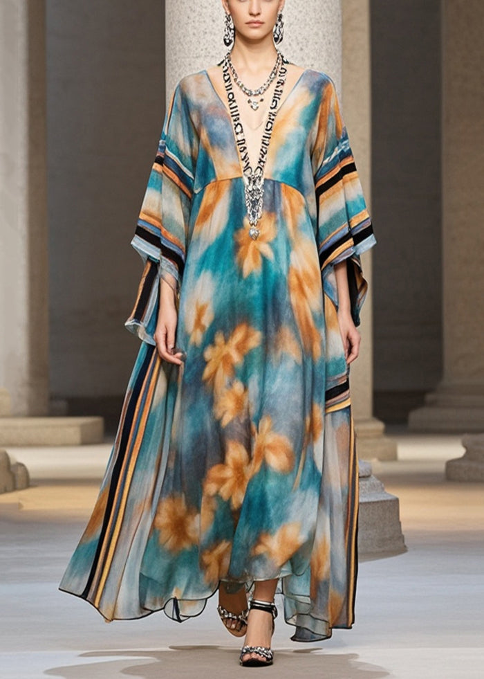 Unique Blue Oversized Print Chiffon Maxi Dresses Batwing Sleeve