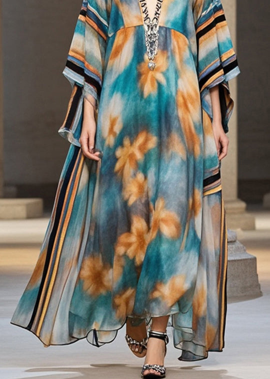 Unique Blue Oversized Print Chiffon Maxi Dresses Batwing Sleeve