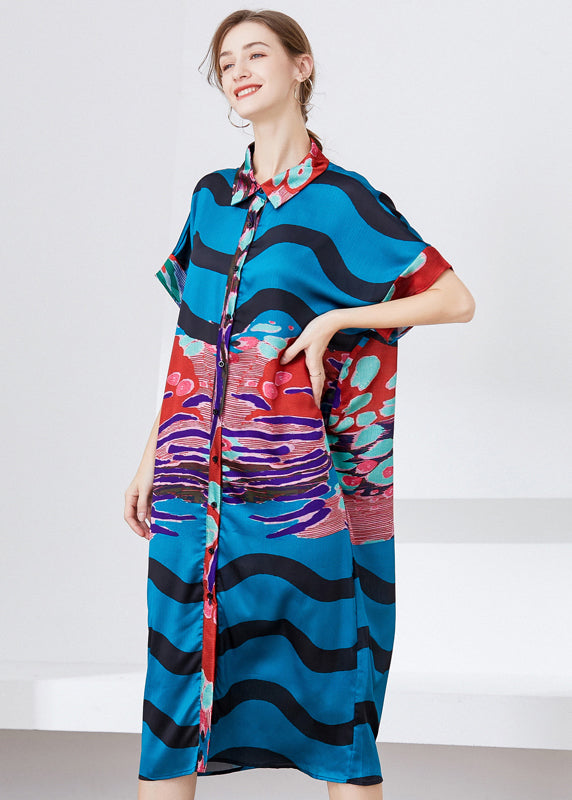 Unique Blue Oversized Print Chiffon Shirt Dress Summer