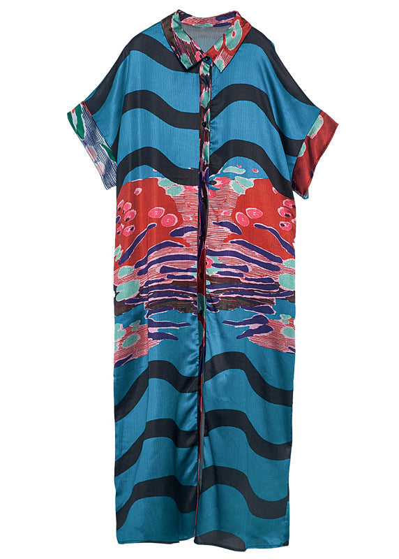 Unique Blue Oversized Print Chiffon Shirt Dress Summer