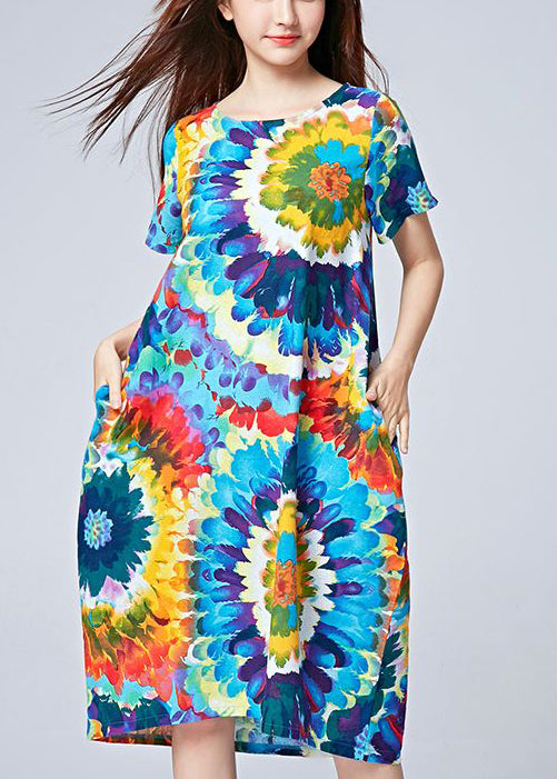 Unique Blue Oversized Print Cotton Beach Dresses Summer