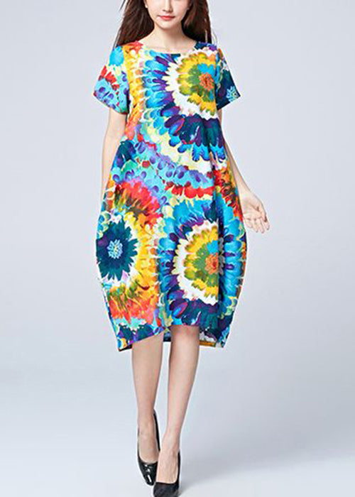 Unique Blue Oversized Print Cotton Beach Dresses Summer