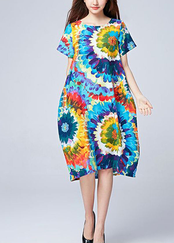 Unique Blue Oversized Print Cotton Beach Dresses Summer