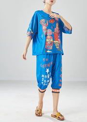 Unique Blue Oversized Print Silk Tops And Pants Two Pieces Set Summer