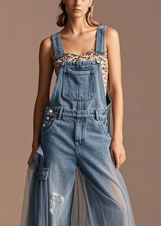 Unique Blue Oversized Tulle Patchwork Denim Ripped Jumpsuits Spring