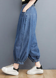 Unique Blue Patchwork Elastic Waist Denim Lantern Pants