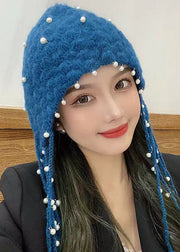 Unique Blue Pearl Tassel Cotton Knit Bonnie Hat